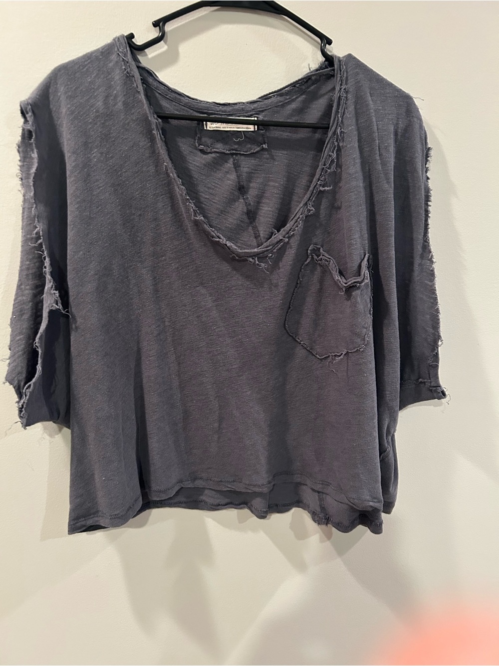We The Free Washed Gray Frayed V-Neck Short Sleeve Tee